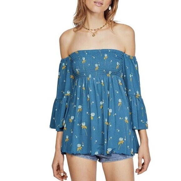 Free People Tops - Free People Lana Off The Shoulder Smocked Tunic Top Size S Boho Flare Sleeve